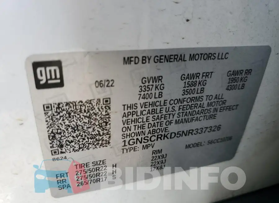 1GNSCRKD5NR337326 Photo# 13