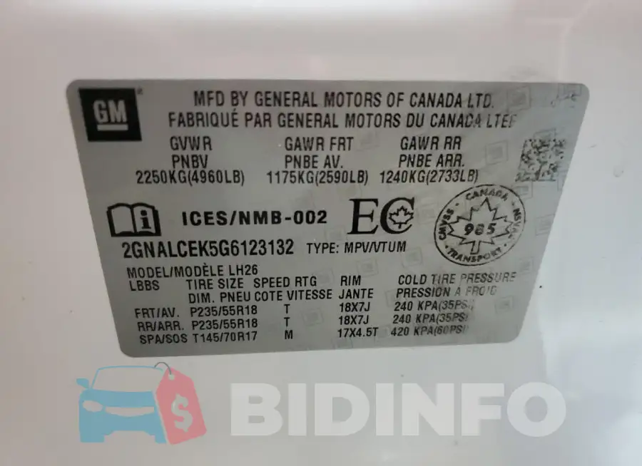 2GNALCEK5G6123132 Photo# 13