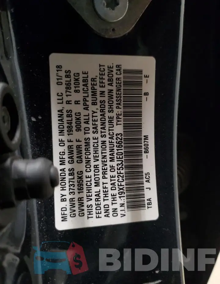19XFC2F53JE016623 Photo# 13