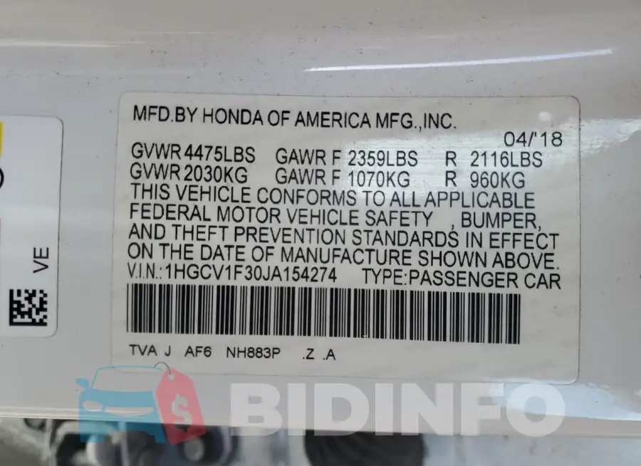1HGCV1F30JA154274 Photo# 12