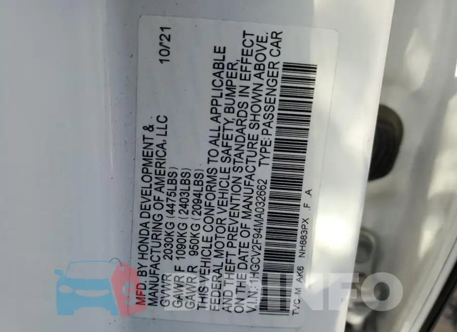 1HGCV2F94MA032662 Photo# 12