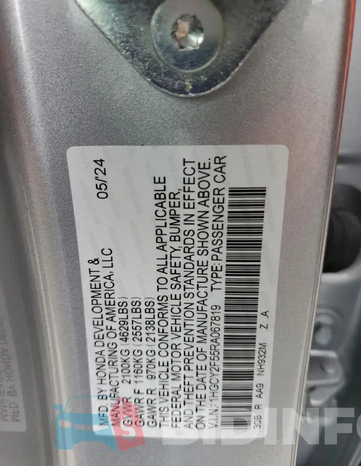 1HGCY2F55RA067819 Photo# 12