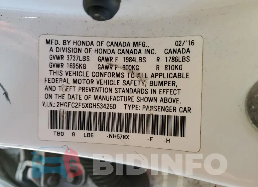 2HGFC2F5XGH534260 Photo# 13