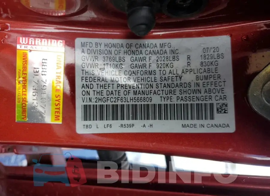 2HGFC2F63LH566809 Photo# 12