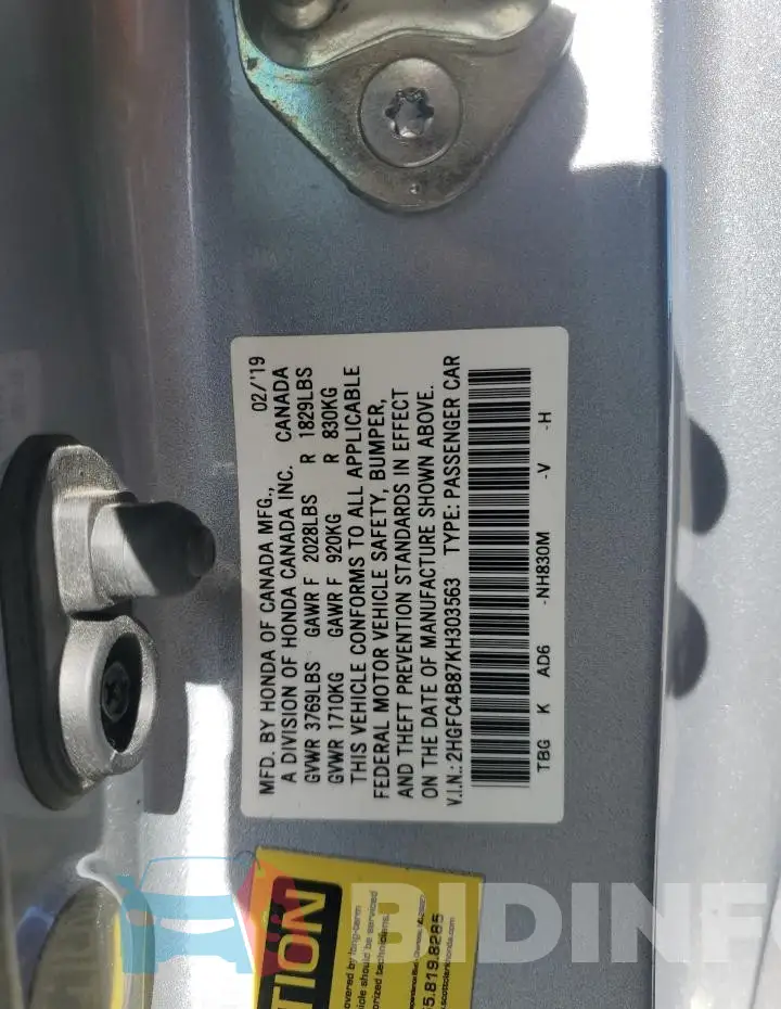 2HGFC4B87KH303563 Photo# 12