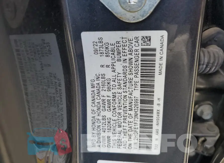2HGFE1F73NH326997 Photo# 12