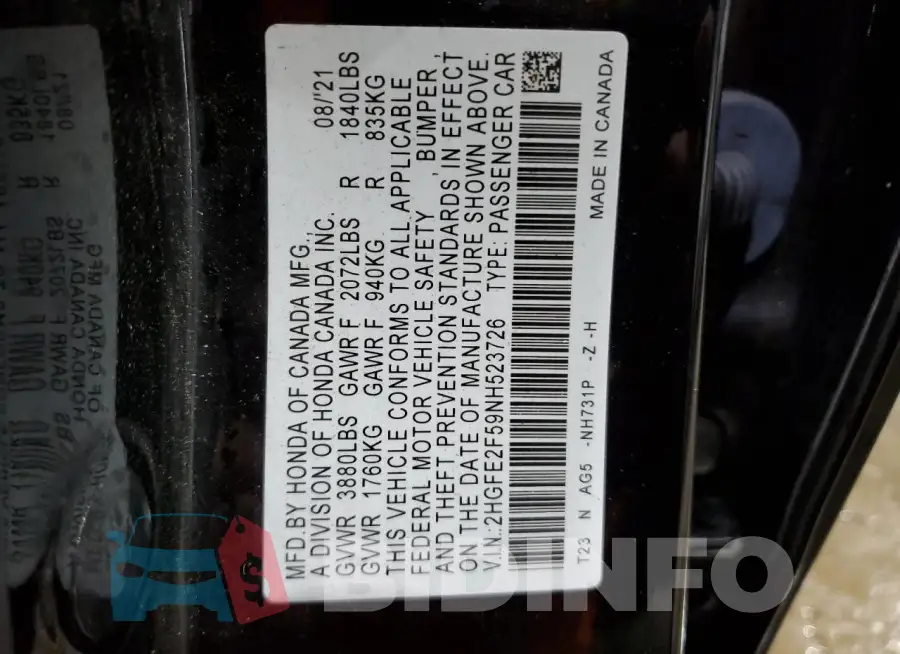 2HGFE2F59NH523726 Photo# 12