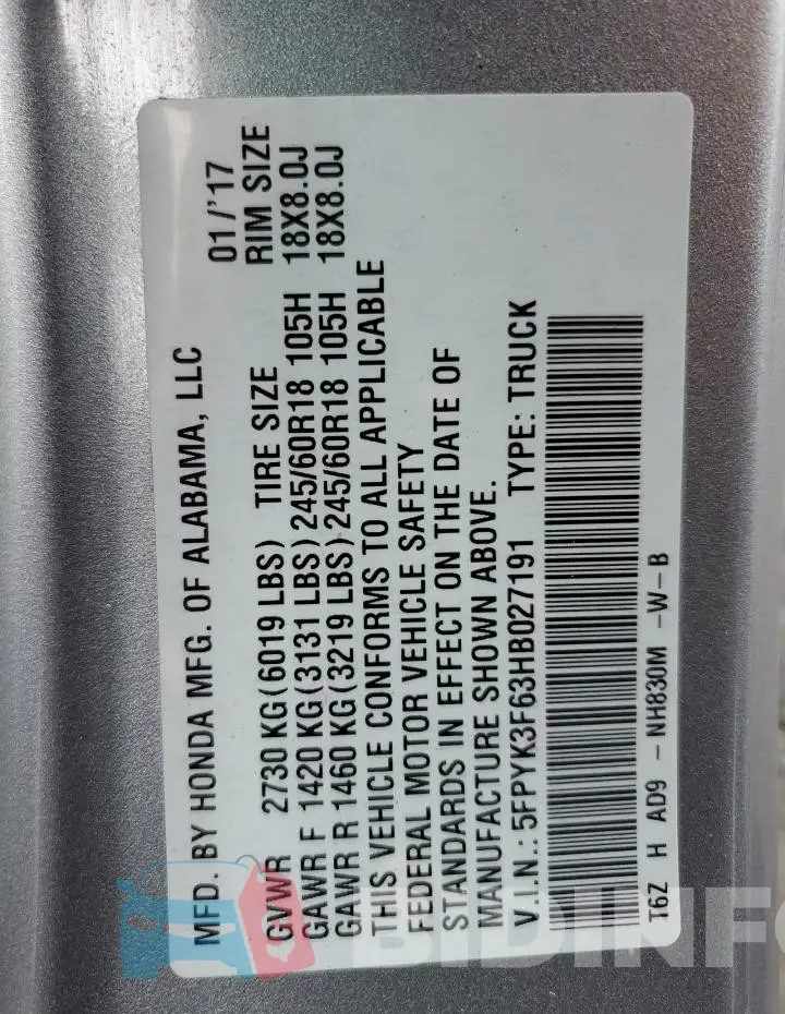 5FPYK3F63HB027191 Photo# 12
