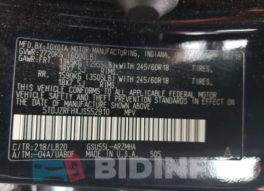 5TDJZRFHXJS552910 Photo# 13