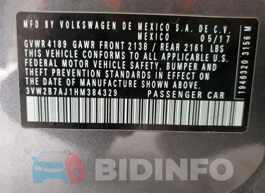 3VW2B7AJ1HM384329 Photo# 12