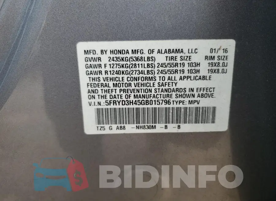 5FRYD3H45GB015796 Photo# 14