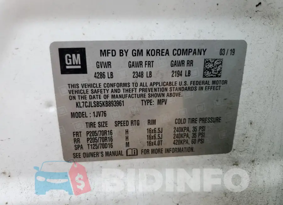 KL7CJLSB5KB893961 Photo# 13
