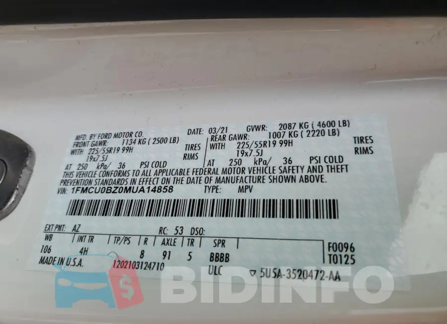 1FMCU0BZ0MUA14858 Photo# 13