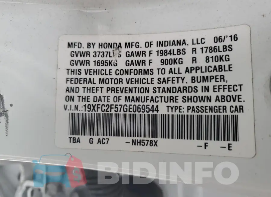 19XFC2F57GE069544 Photo# 13