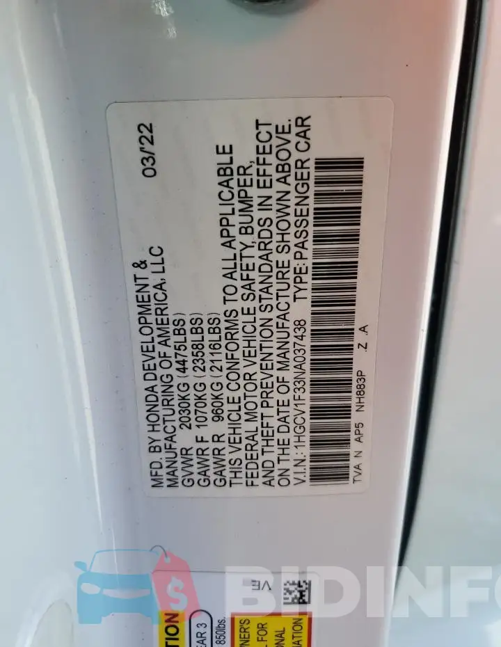 1HGCV1F33NA037438 Photo# 12