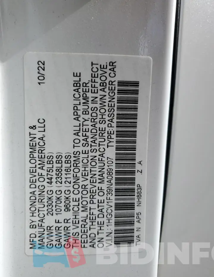 1HGCV1F39NA089107 Photo# 13