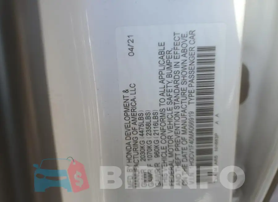 1HGCV1F40MA066919 Photo# 13
