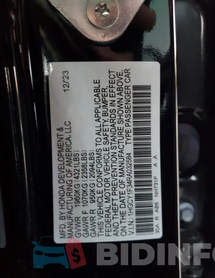 1HGCY1F34RA032584 Photo# 13