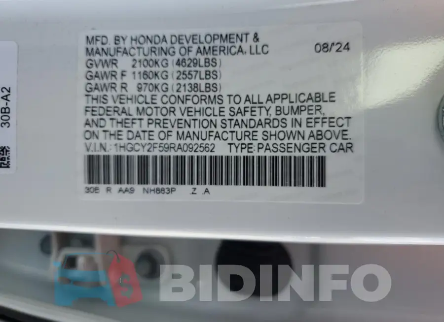 1HGCY2F59RA092562 Photo# 12
