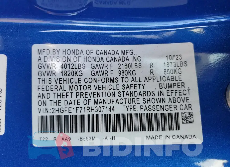 2HGFE1F71RH307144 Photo# 12