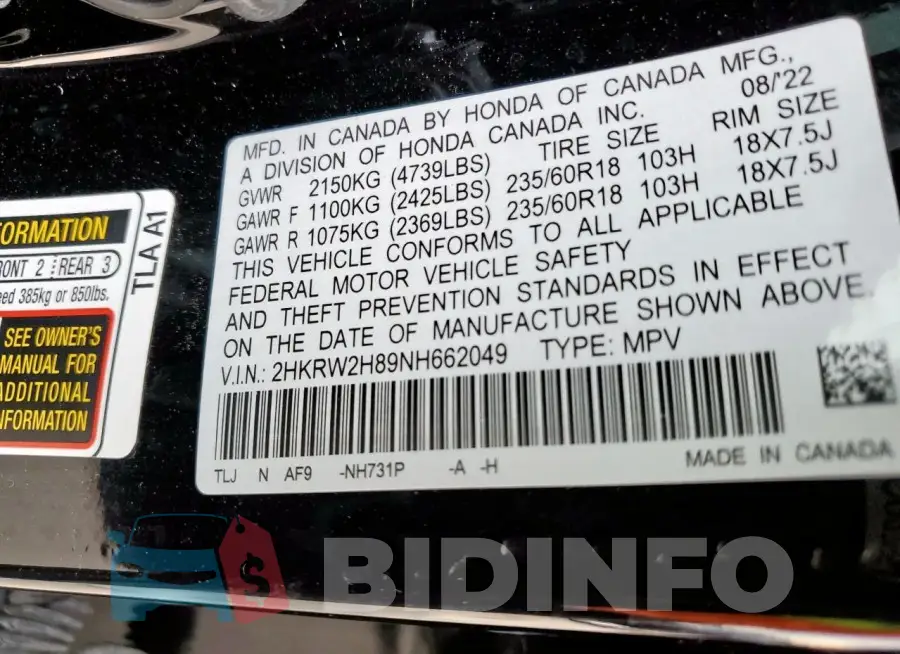 2HKRW2H89NH662049 Photo# 14