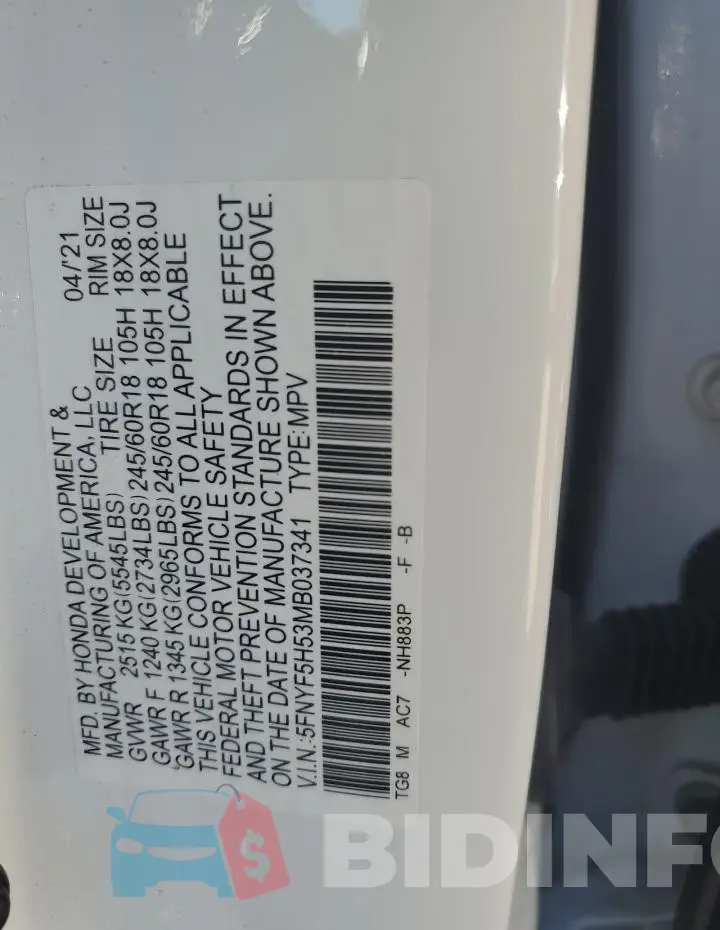 5FNYF5H53MB037341 Photo# 13