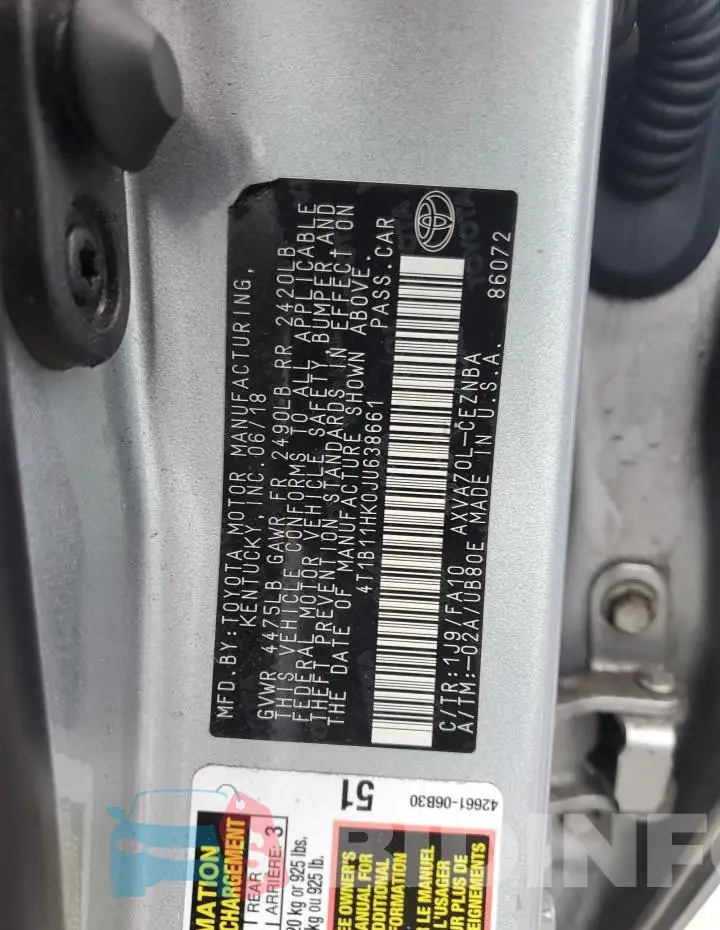 4T1B11HK0JU638661 Photo# 12