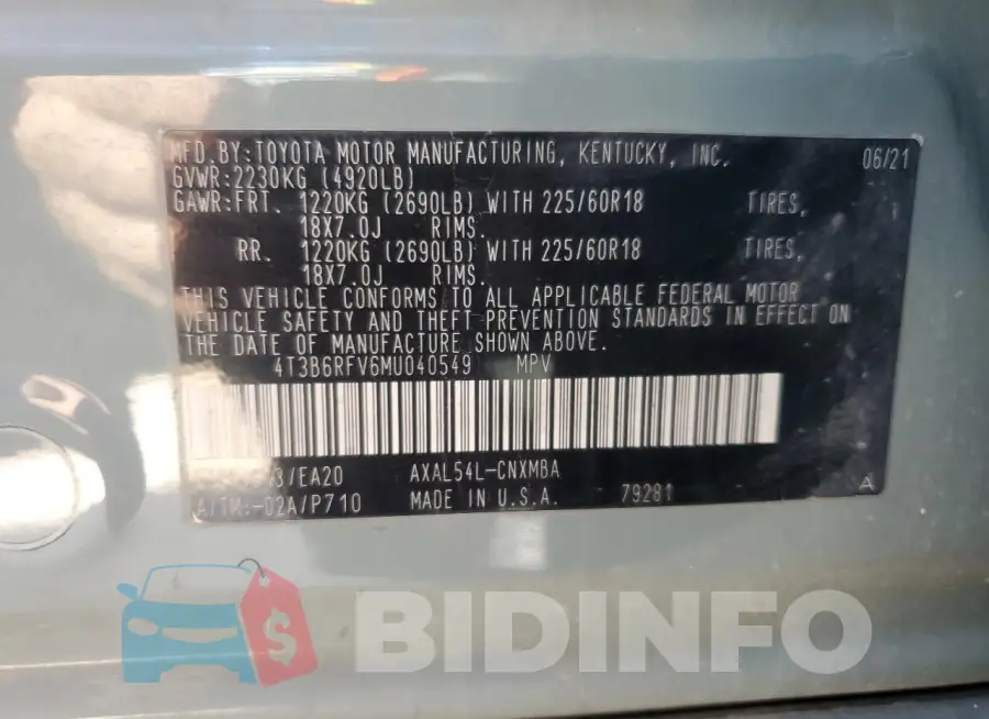 4T3B6RFV6MU040549 Photo# 14