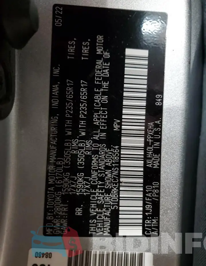 5TDBRKEC7NS118564 Photo# 13