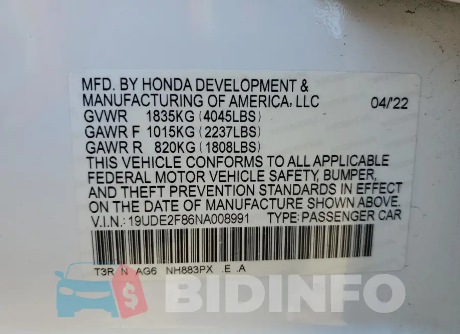 19UDE2F86NA008991 Photo# 12