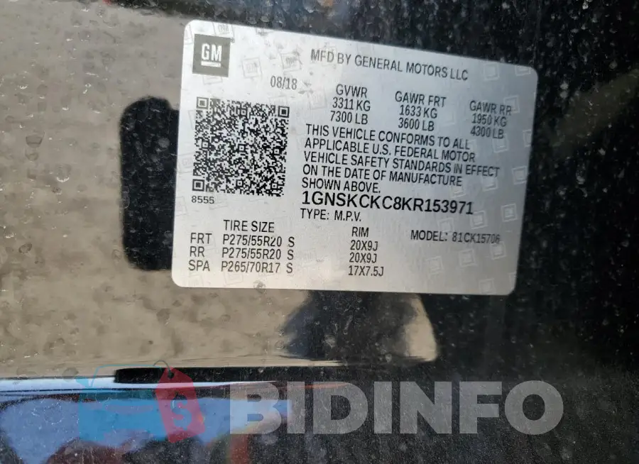 1GNSKCKC8KR153971 Photo# 13