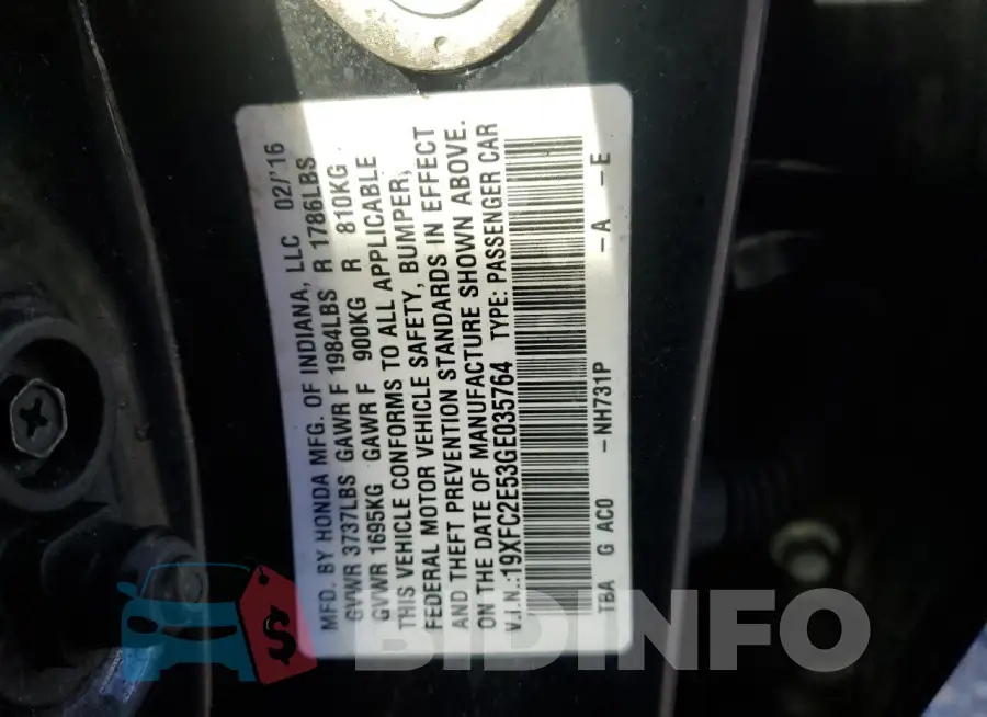19XFC2E53GE035764 Photo# 12