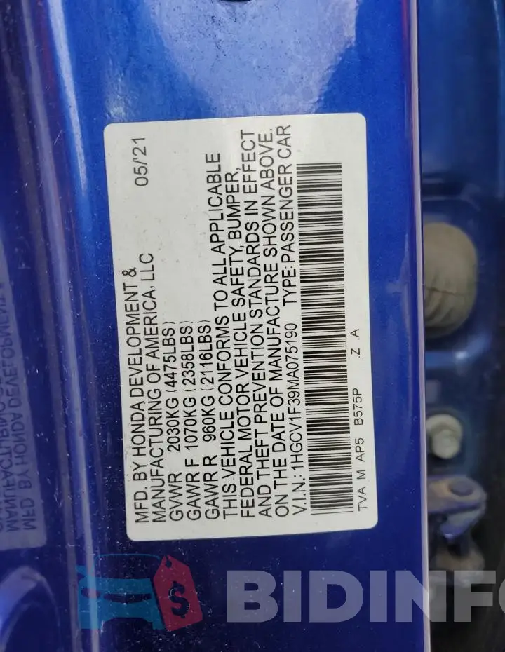 1HGCV1F39MA075190 Photo# 12