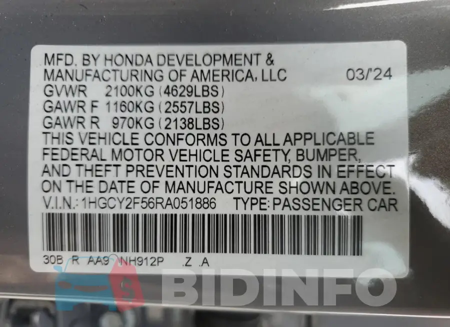 1HGCY2F56RA051886 Photo# 12