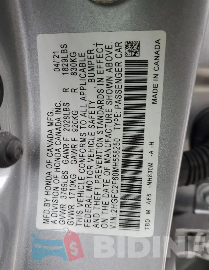 2HGFC2F60MH558250 Photo# 12