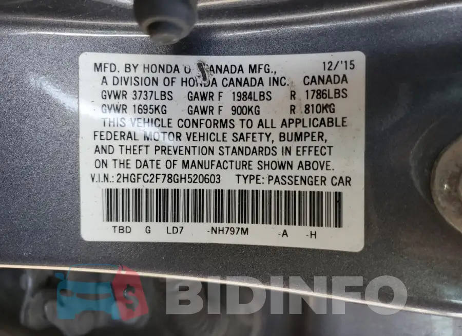2HGFC2F78GH520603 Photo# 12