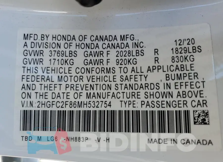 2HGFC2F86MH532754 Photo# 12