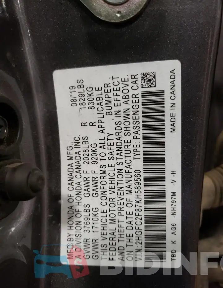 2HGFC2F87KH589560 Photo# 12