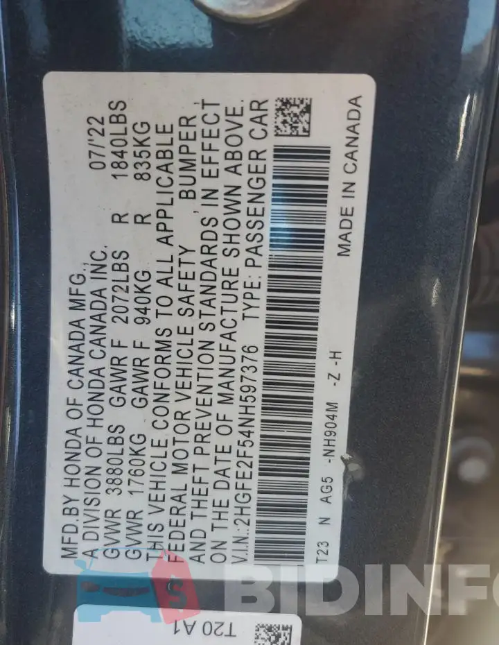 2HGFE2F54NH597376 Photo# 12