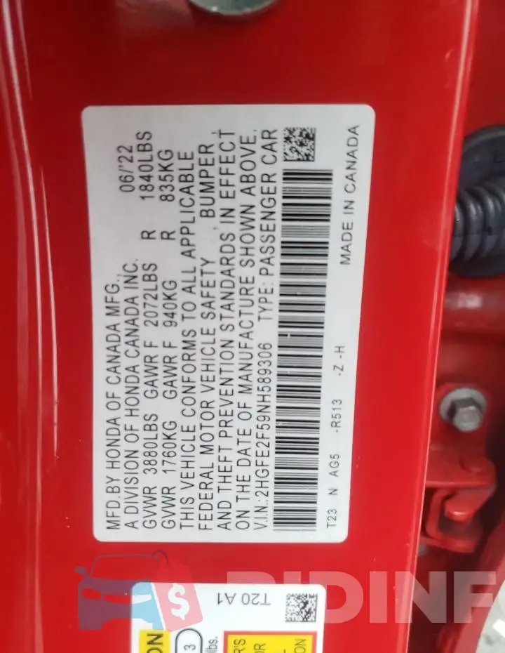 2HGFE2F59NH589306 Photo# 12