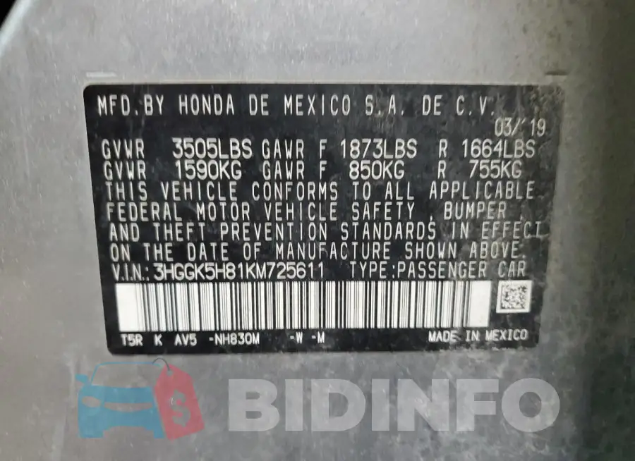 3HGGK5H81KM725611 Photo# 12