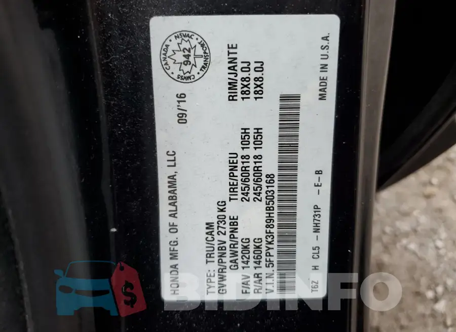 5FPYK3F89HB503168 Photo# 12