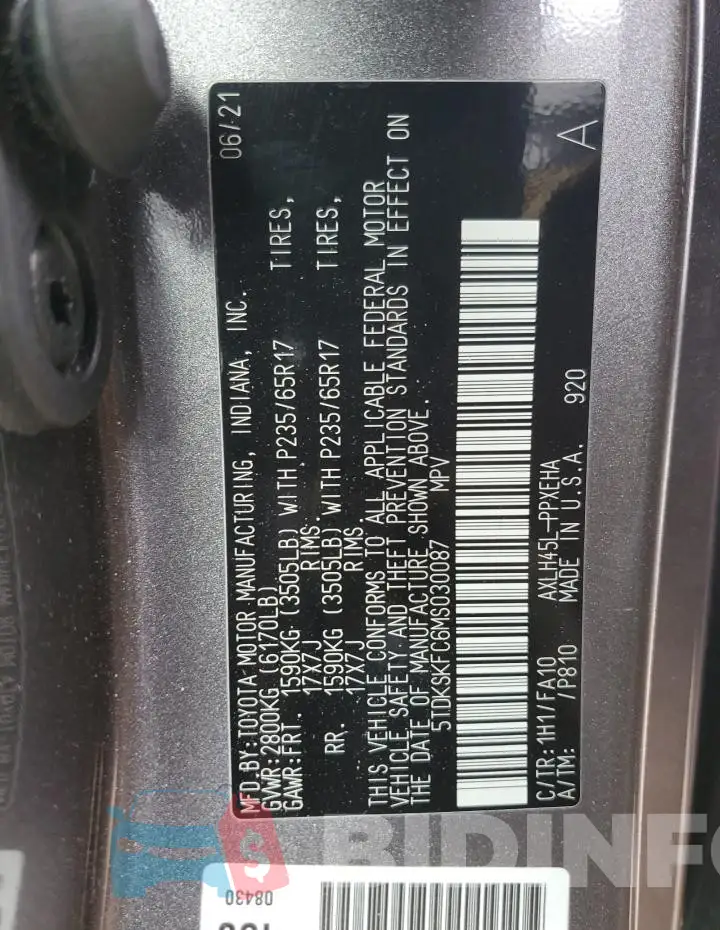 5TDKSKFC6MS030087 Photo# 13