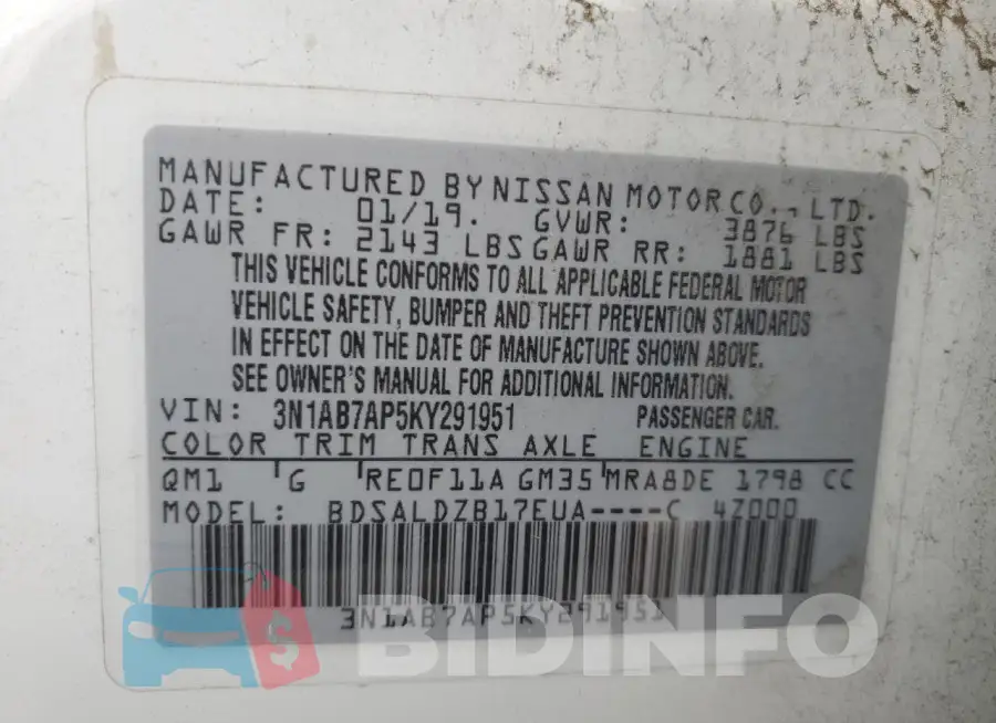 3N1AB7AP5KY291951 Photo# 12