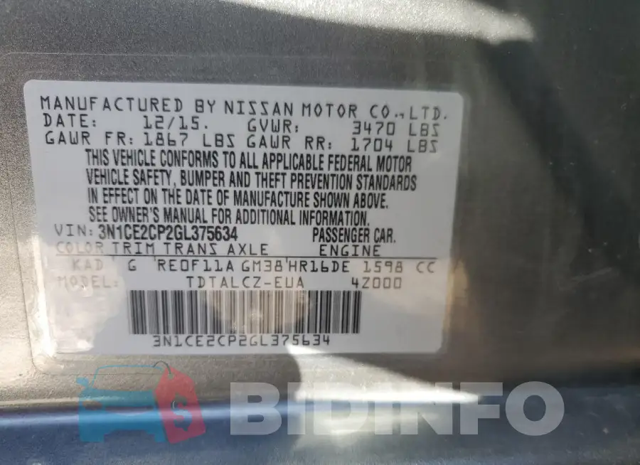 3N1CE2CP2GL375634 Photo# 13