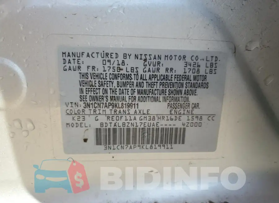 3N1CN7AP9KL819911 Photo# 13