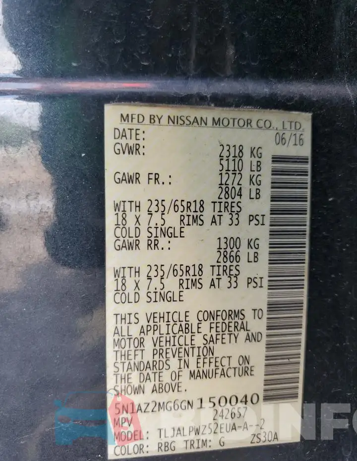 5N1AZ2MG6GN150040 Photo# 13