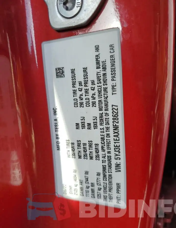 5YJ3E1EAXNF286227 Photo# 12