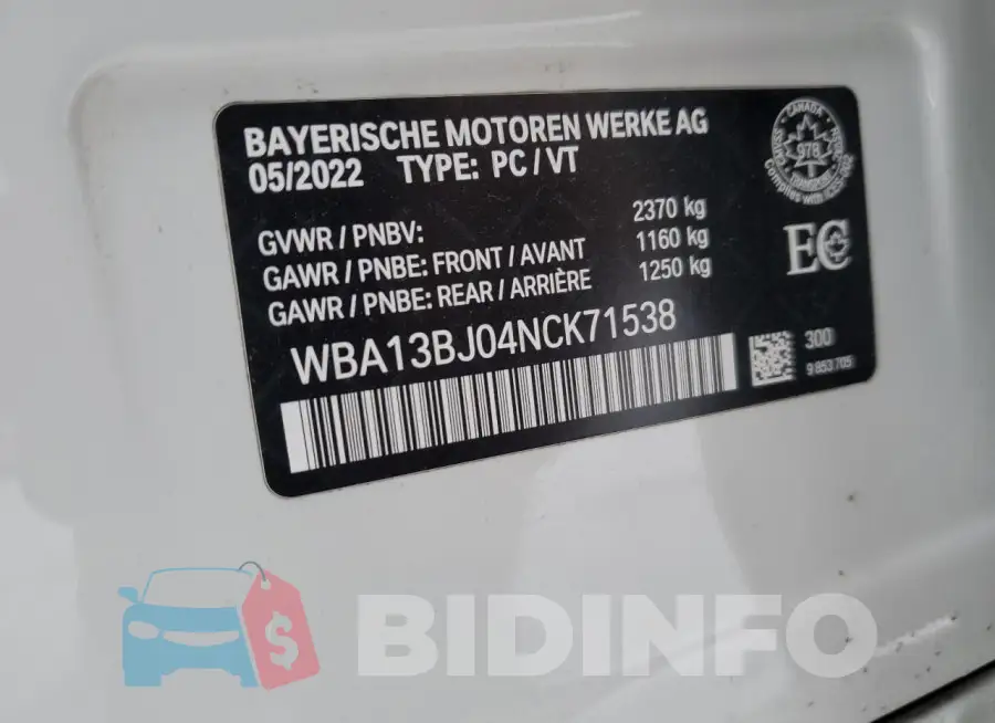 WBA13BJ04NCK71538 Photo# 13