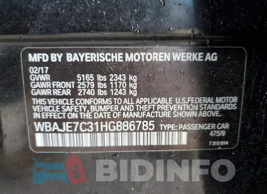 WBAJE7C31HG886785 Photo# 13